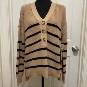 New Rachel Zoe Striped V-Neck Knit Pullover Sweater Women's X-Small Tan &‎ Black